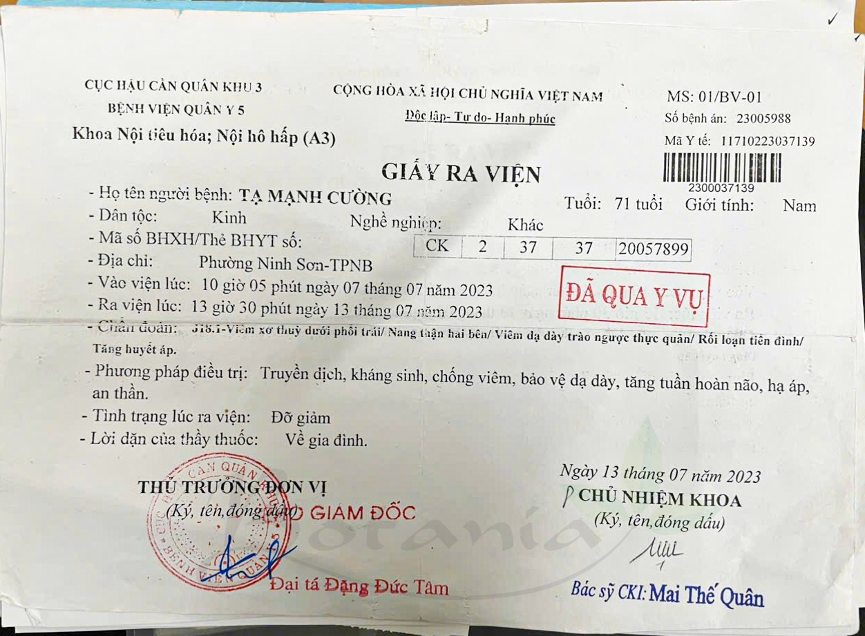 Giấy ra viện của bác Cường
