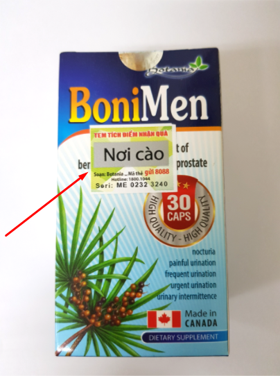 Tem tích điểm của sản phẩm BoniMen nằm ngoài vỏ hộp giấy